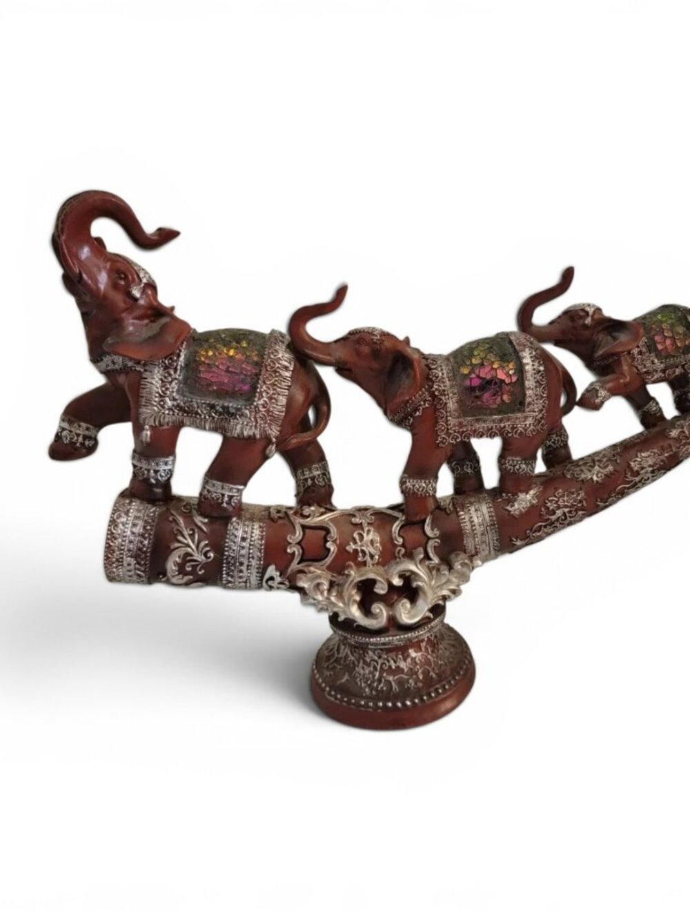 Elephant Trio Figurine Decor Boho Mosaic Saddle Good Luck Elephant Statue